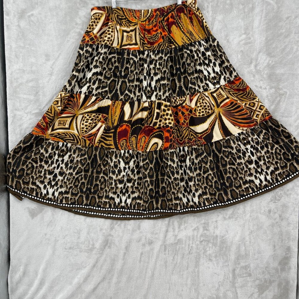 Vintage Leopard Animal Print Batik A Line Maxi Skirt Brown Orange - Picture 4 of 10